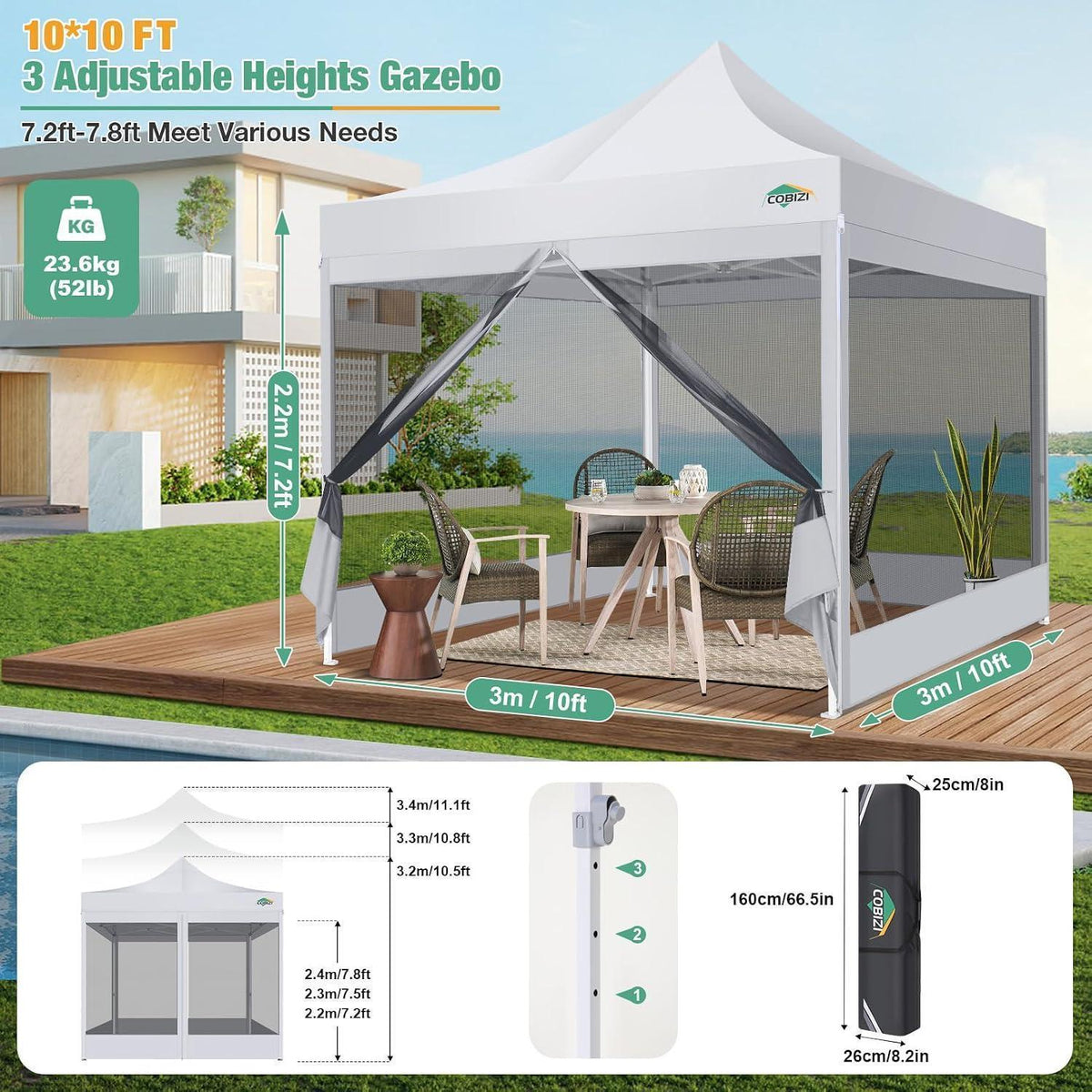 Faltpavillon 3x3m mit Moskitonetz & UV-Schutz – Weiß