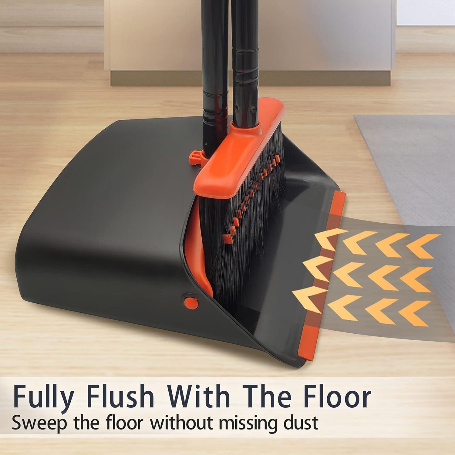 JEHONN Besen Kehrschaufel Set 137 cm Stiel Kehrbesen Aufrecht Stehende Schaufel Kammzähnen Broom Kehrset Schwarz Orange
