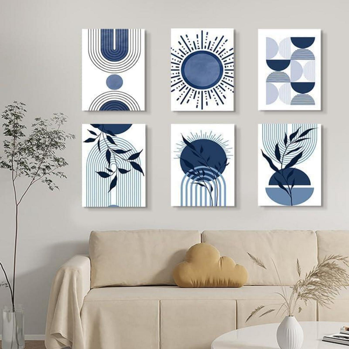 3er Boho Bilder Set Abstrakt Blau Pflanzen Wandposter Set 40x50cm