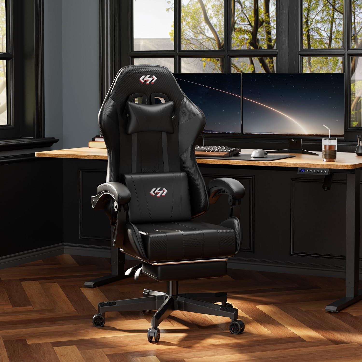Gaming Stuhl Schwarz mit Taschenfederkissen und Fußstütze