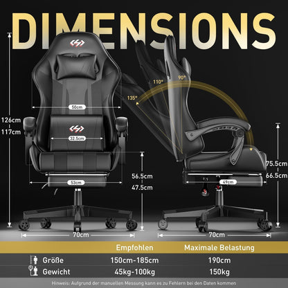Ergonomischer Gaming Stuhl mit Fußstütze und Lendenwirbelstütze