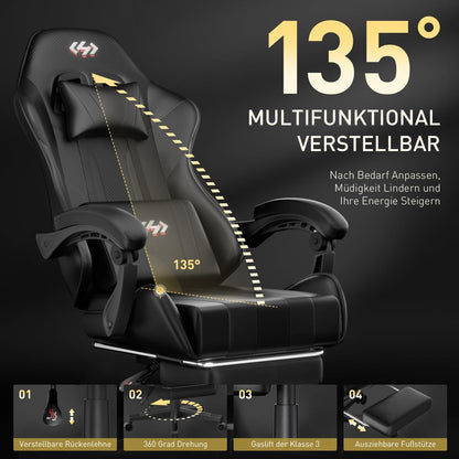 Ergonomischer Gaming Stuhl mit Taschenfederkissen und Fußstütze - Schwarz
