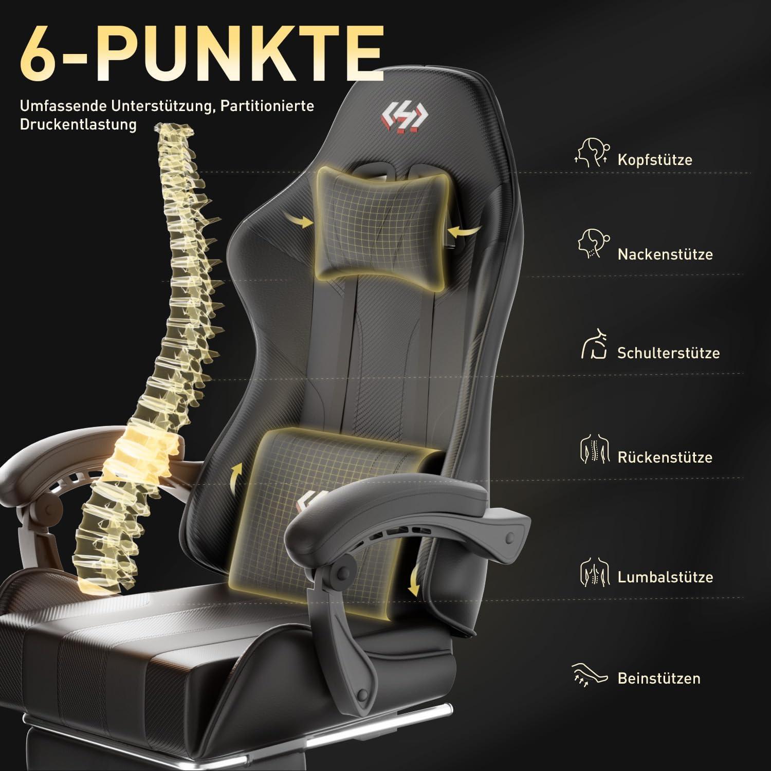 Ergonomischer Gaming Stuhl mit Taschenfederkissen und Fußstütze Schwarz