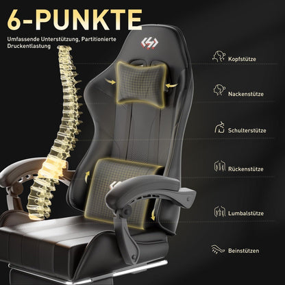 Ergonomischer Gaming Stuhl mit Taschenfederkissen und Fußstütze Schwarz