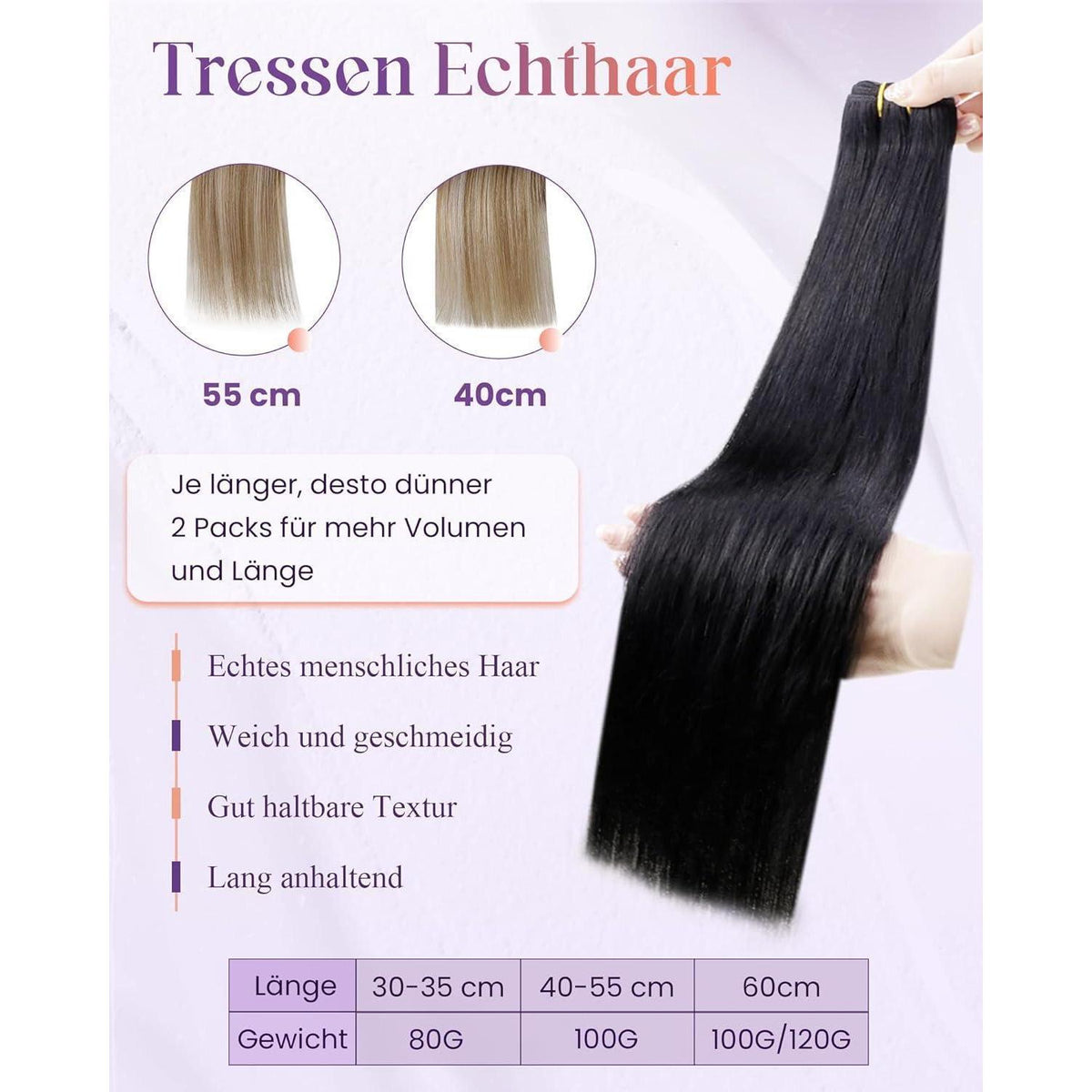 Echthaar Tressen 55cm – Haarverlängerung 100g Weft