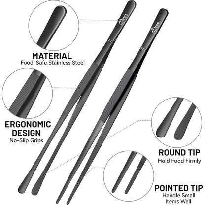 Edelstahl Kochpinzetten Set 2 Stück 30,5 cm Schwarz