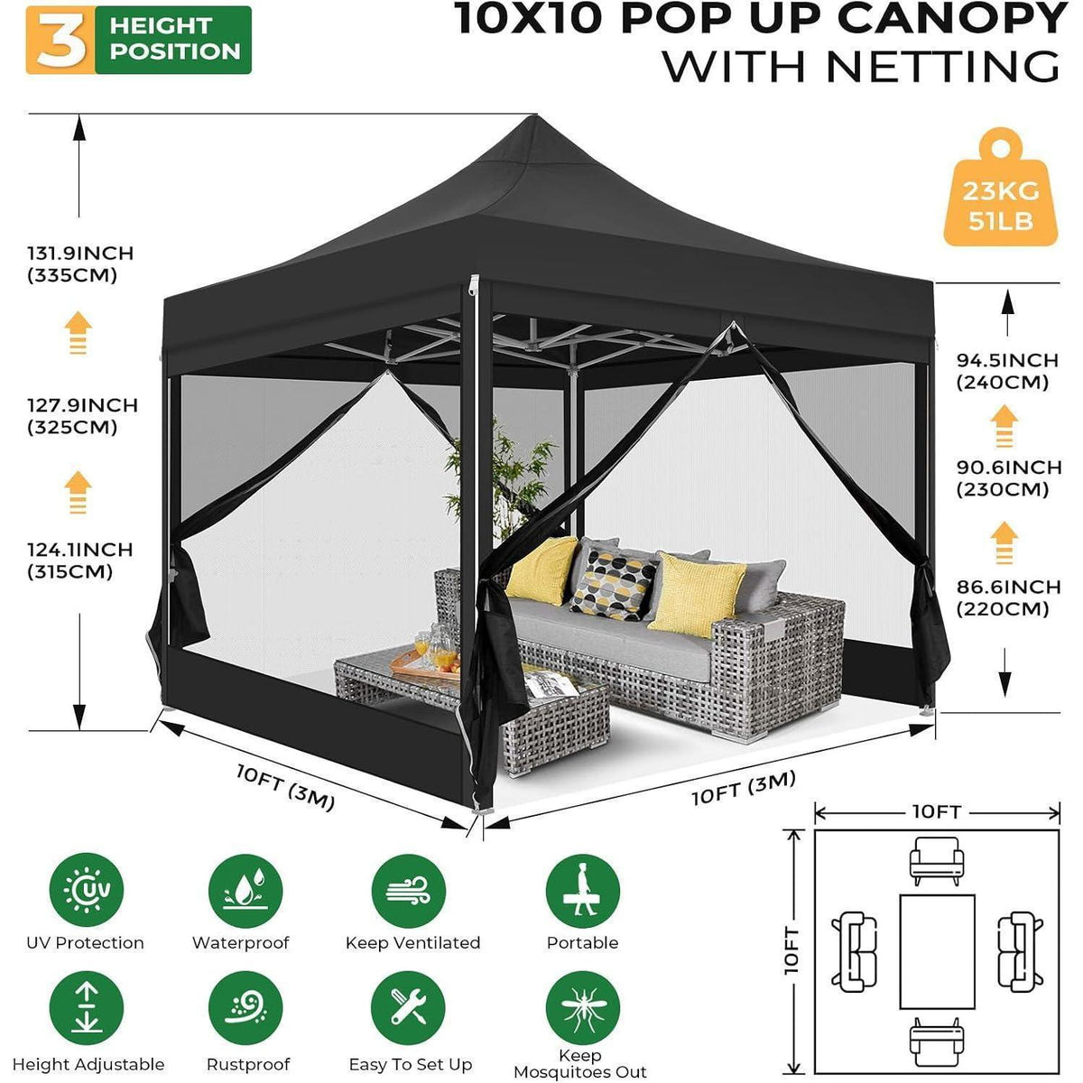 Faltpavillon 3x3 Wasserdicht mit Seitenwänden & Moskitonetz
