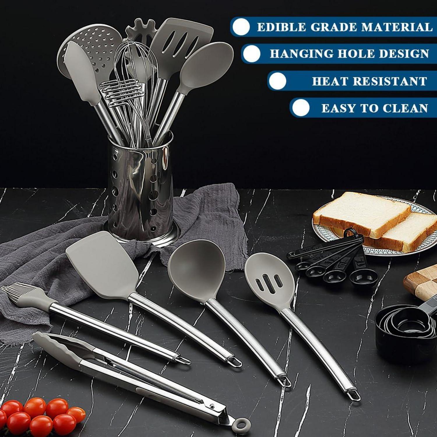 38-teiliges Silikon Kochutensilien Set mit Edelstahl Utensilienhalter