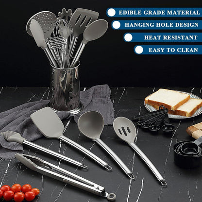 38-teiliges Silikon Kochutensilien Set mit Edelstahl Utensilienhalter