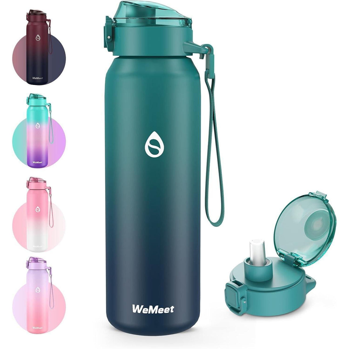 Edelstahl Trinkflasche 1000ml mit Strohhalm, Blau