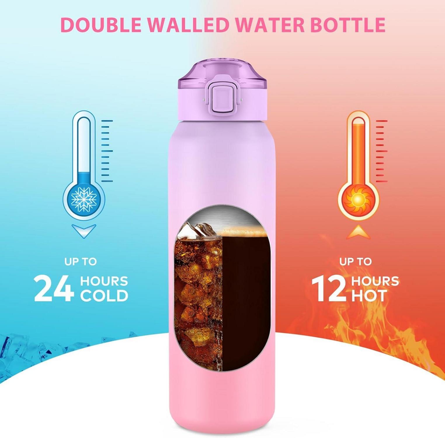 WEMEET Edelstahl Trinkflasche Sport mit Abnehmbarem Strohhalm 1L - Lila/Rosa