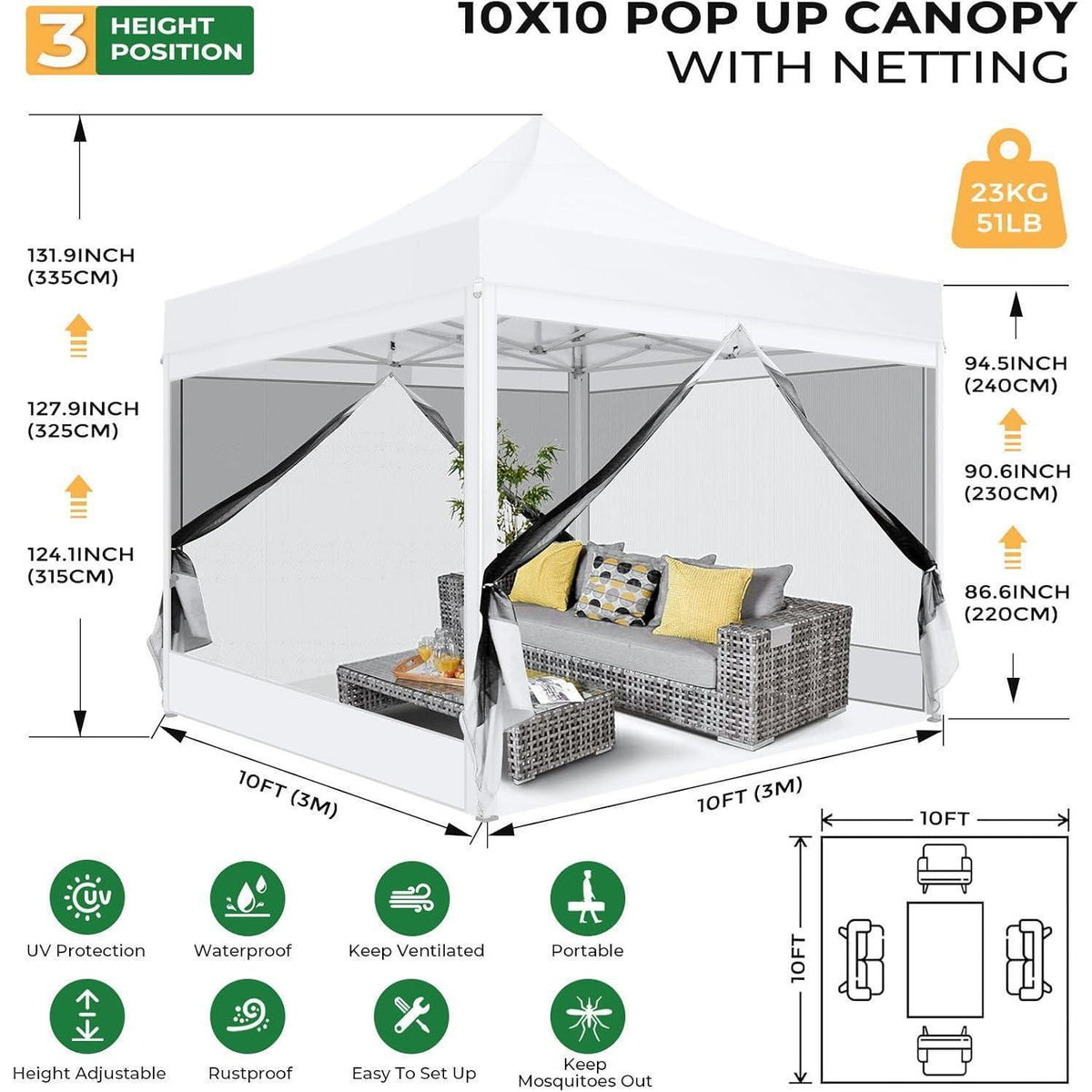 Faltpavillon 3x3 Wasserdicht mit Seitenwänden & Moskitonetz