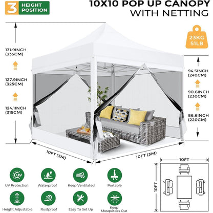 Faltpavillon 3x3 Wasserdicht mit Seitenwänden & Moskitonetz