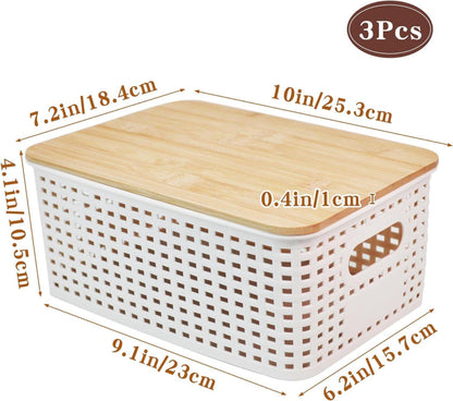LYLIDIA 3er Set Aufbewahrungsboxen mit Bambusdeckel Weiß 25x18x10cm