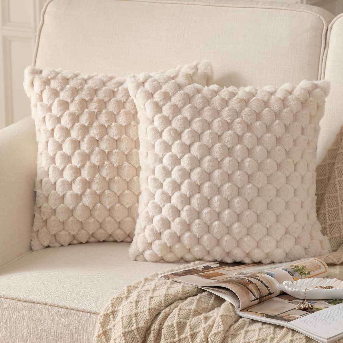 2x Plüsch Kissenbezug 45x45 cm – Beige Wollsamt Dekokissen