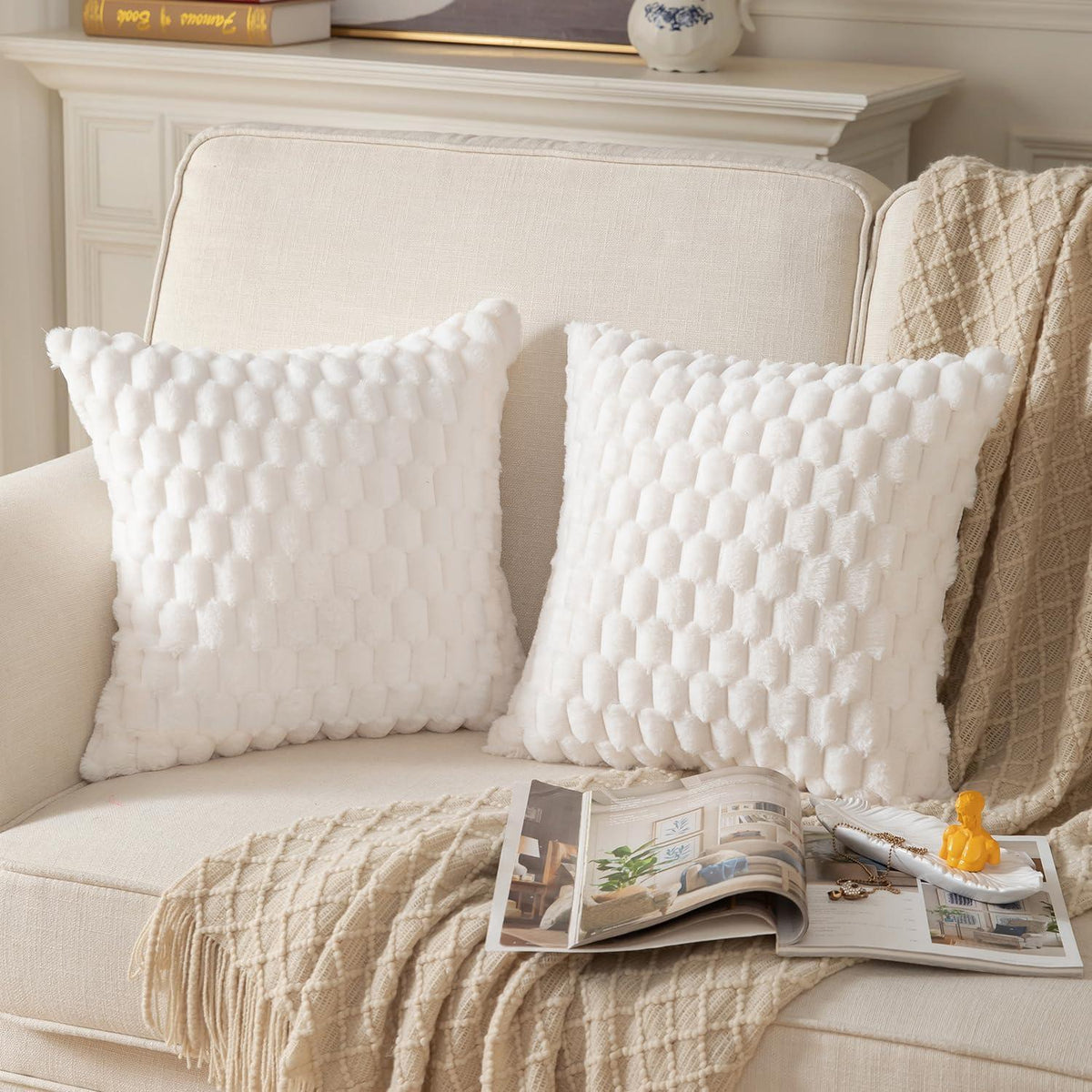 2x Plüsch Kissenbezug 45x45 cm Cremeweiß – Weiche Wollsamt Dekokissen