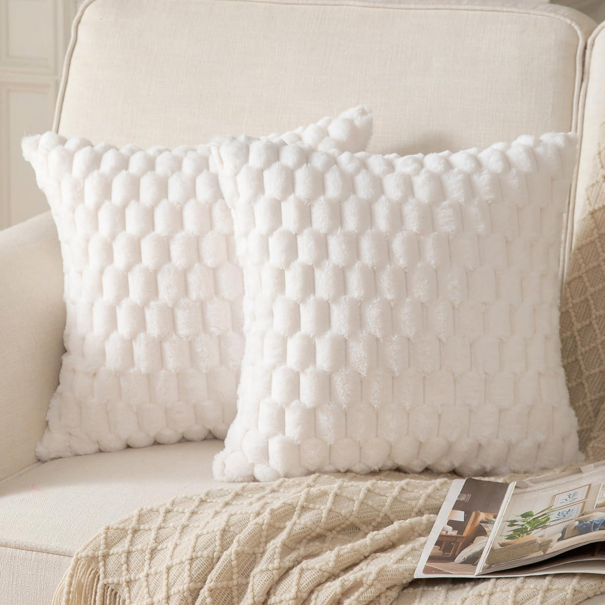 2x Plüsch Kissenbezug 65x65 cm Cremeweiß – Weiche Wollsamt Dekokissen