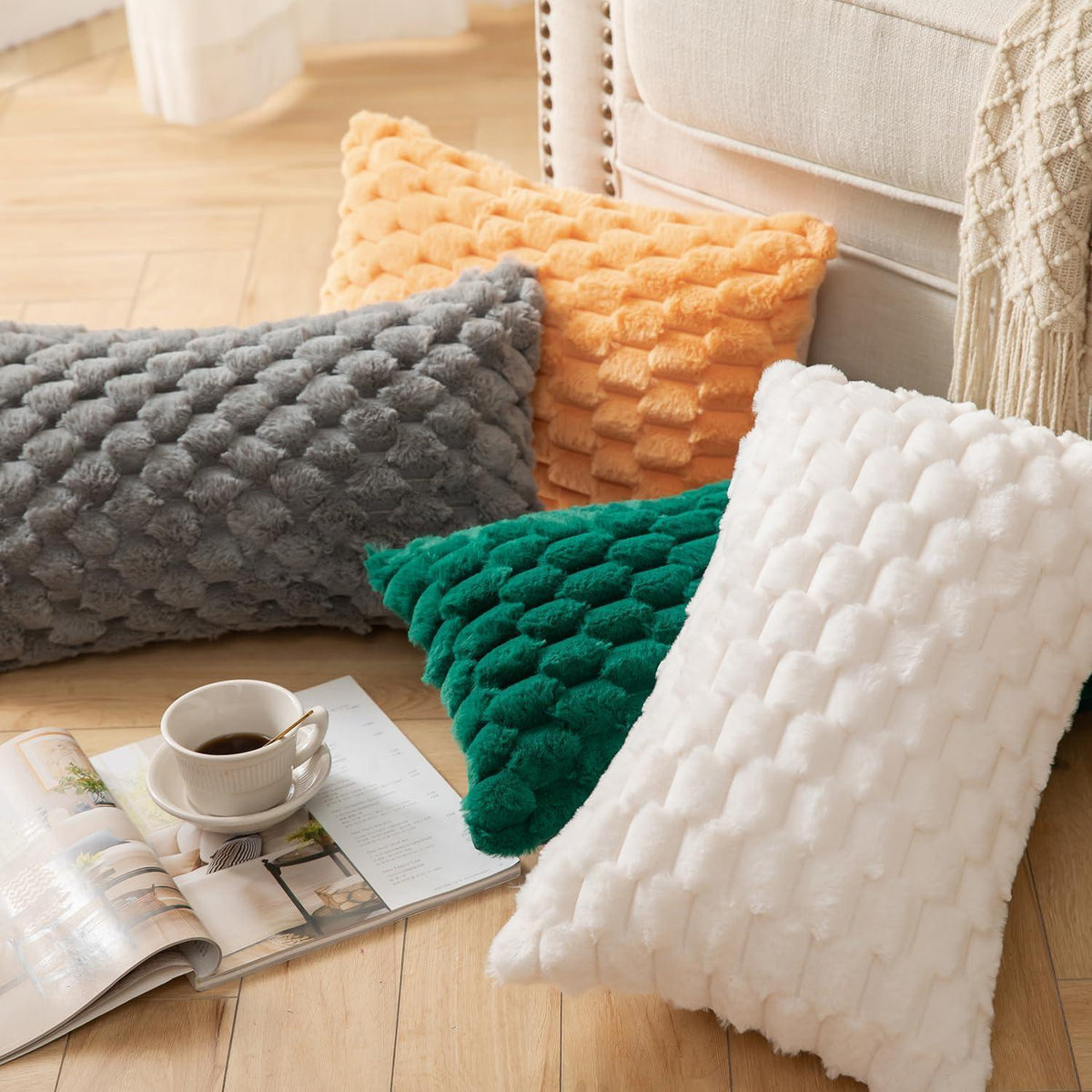 2x Plüsch Kissenbezug 65x65 cm Cremeweiß – Weiche Wollsamt Dekokissen