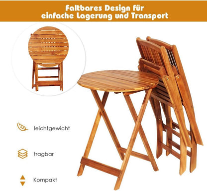3tlg. Gartenmöbel Set Akazienholz klappbar Rundtisch 2 Stühlen Kissen