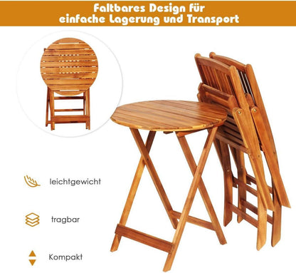 3tlg. Gartenmöbel Set aus Akazienholz mit klappbaren Stühlen