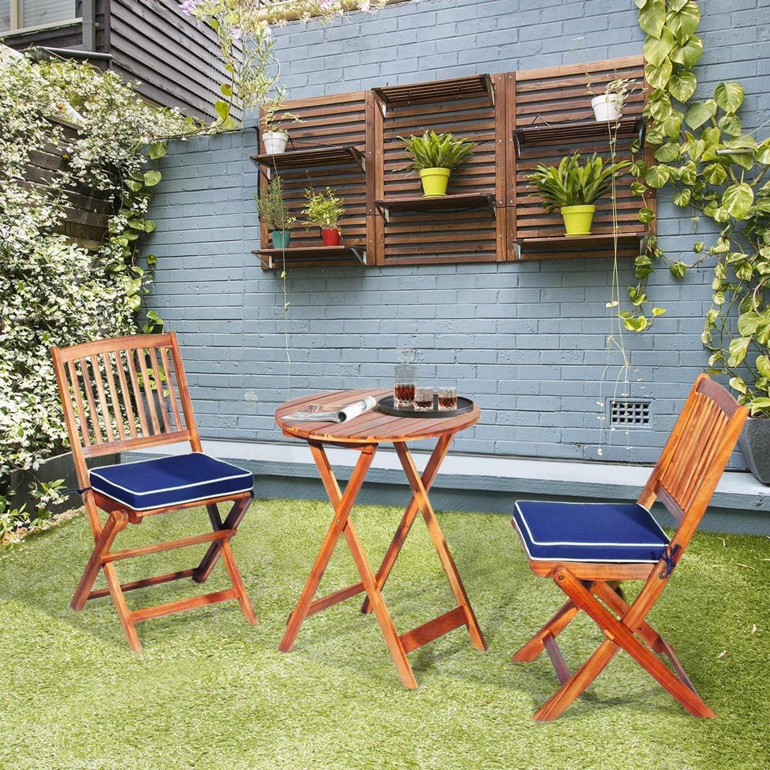 3tlg. Gartenmöbel Set Akazienholz klappbar Rundtisch Stühle Kissen Blau