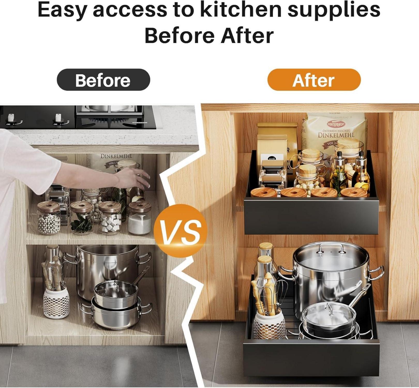 Telescopic Drawer Organizer for Kitchen Cabinets, Metal Slide Out Storage Shelf 30x53x8cm Black