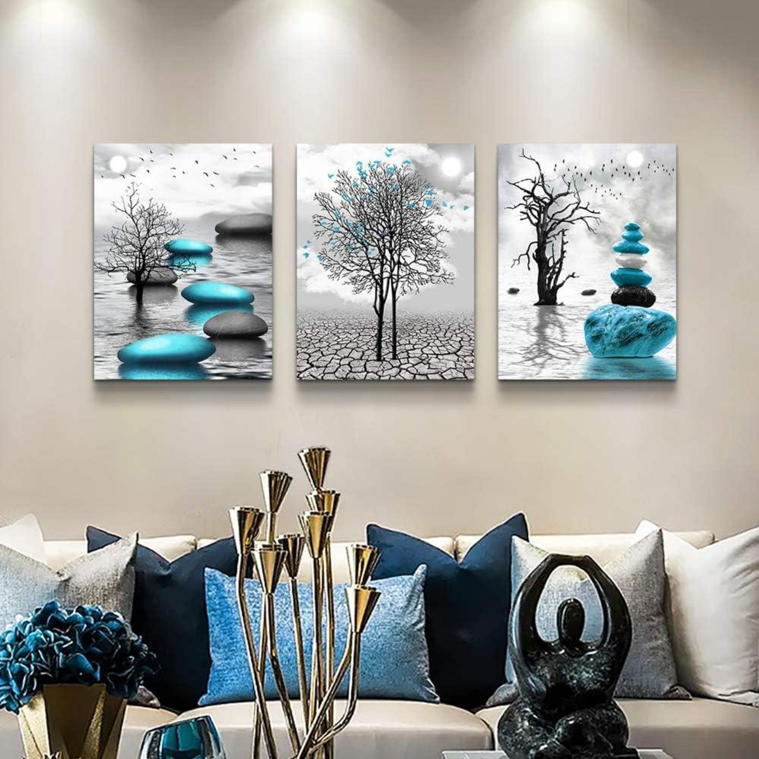 Schwarz Weiß Turquoise Großer Baum See Wandbilder 50x70cm 3er Set