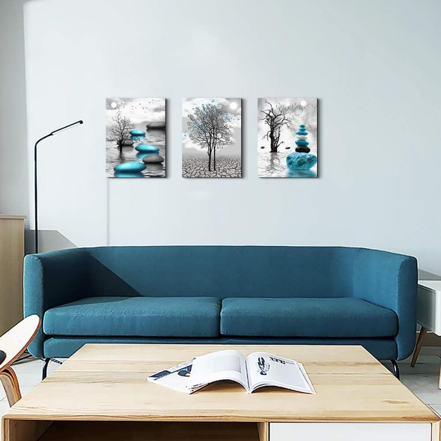 Schwarz Weiß Turquoise Großer Baum See Wandbilder 50x70cm 3er Set