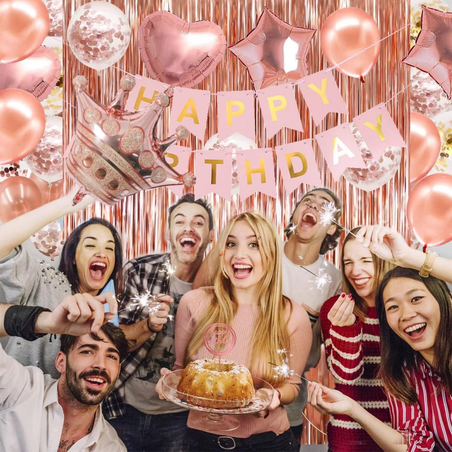 Rosegold Geburtstagsdeko Set Luftballons Happy Birthday Girlande Konfetti Ballons