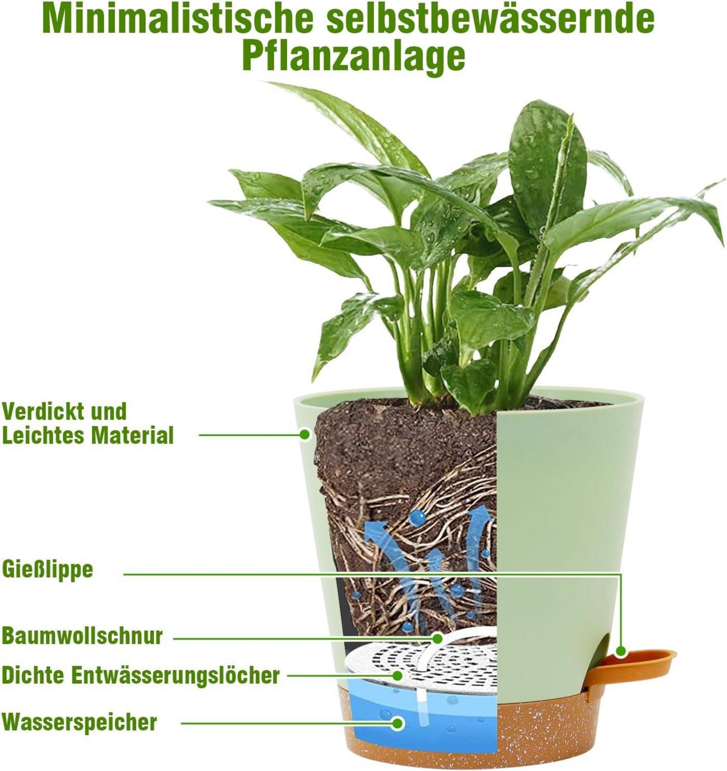 6er Set Selbstbewässernde Blumentöpfe mit Bewässerungssystem - Grün