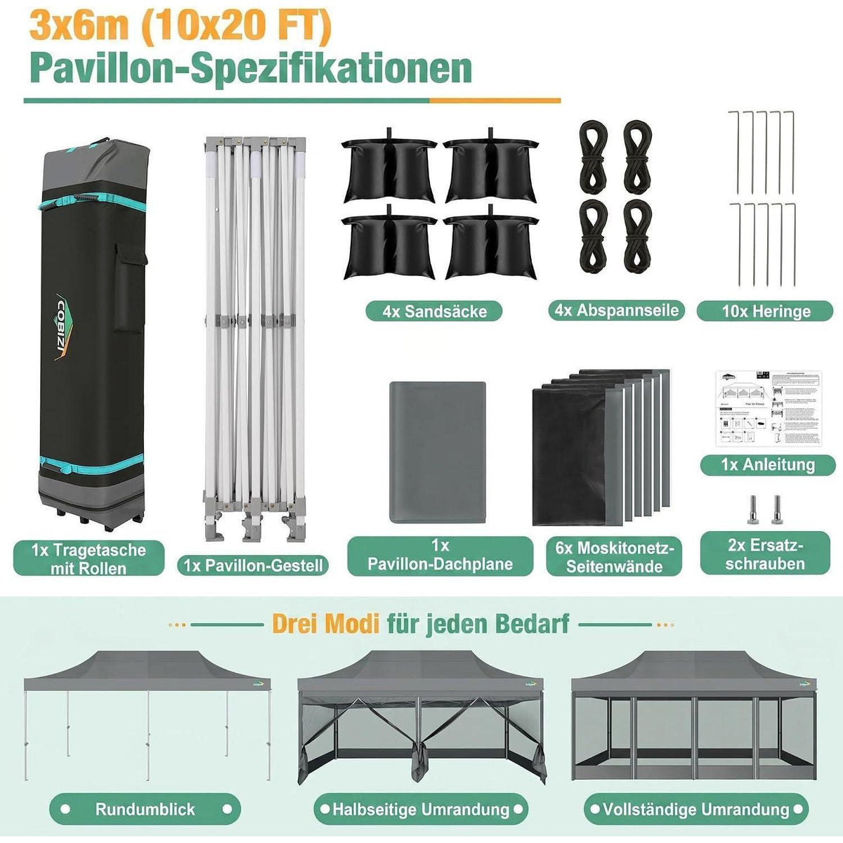 Faltpavillon 3x6m mit Moskitonetz & UV-Schutz