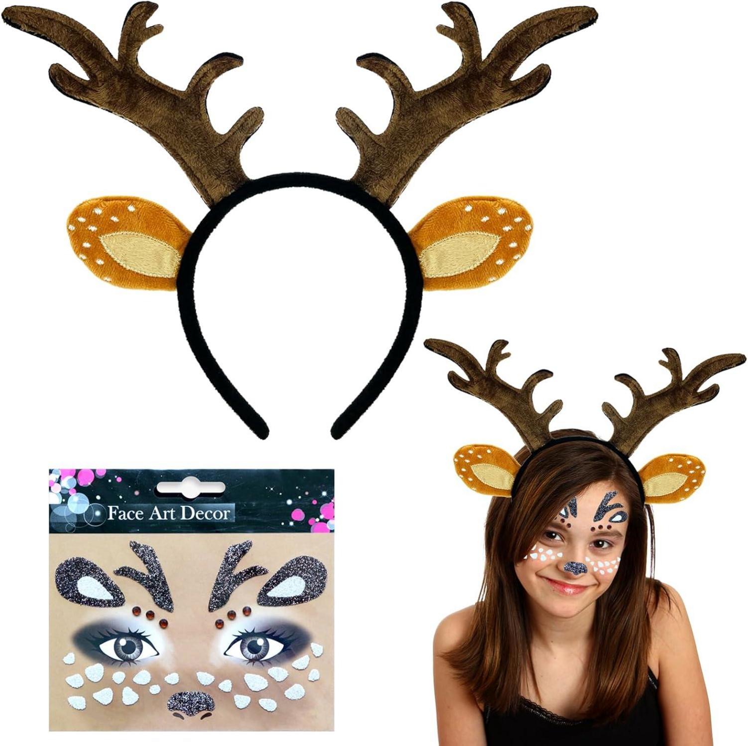 Rentier Haarreif mit Ohren und Gesichtstattoo, für Fasching