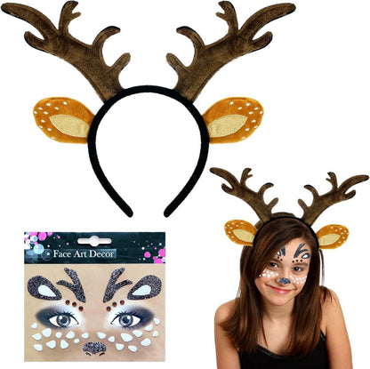 Rentier Haarreif mit Ohren und Gesichtstattoo, für Fasching