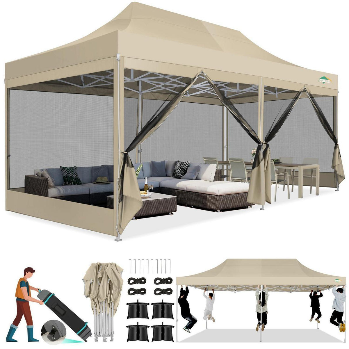 Faltpavillon 3x6m mit Moskitonetz & UV-Schutz