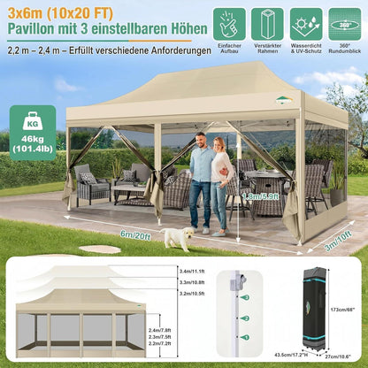 Faltpavillon 3x6m mit Moskitonetz & UV-Schutz