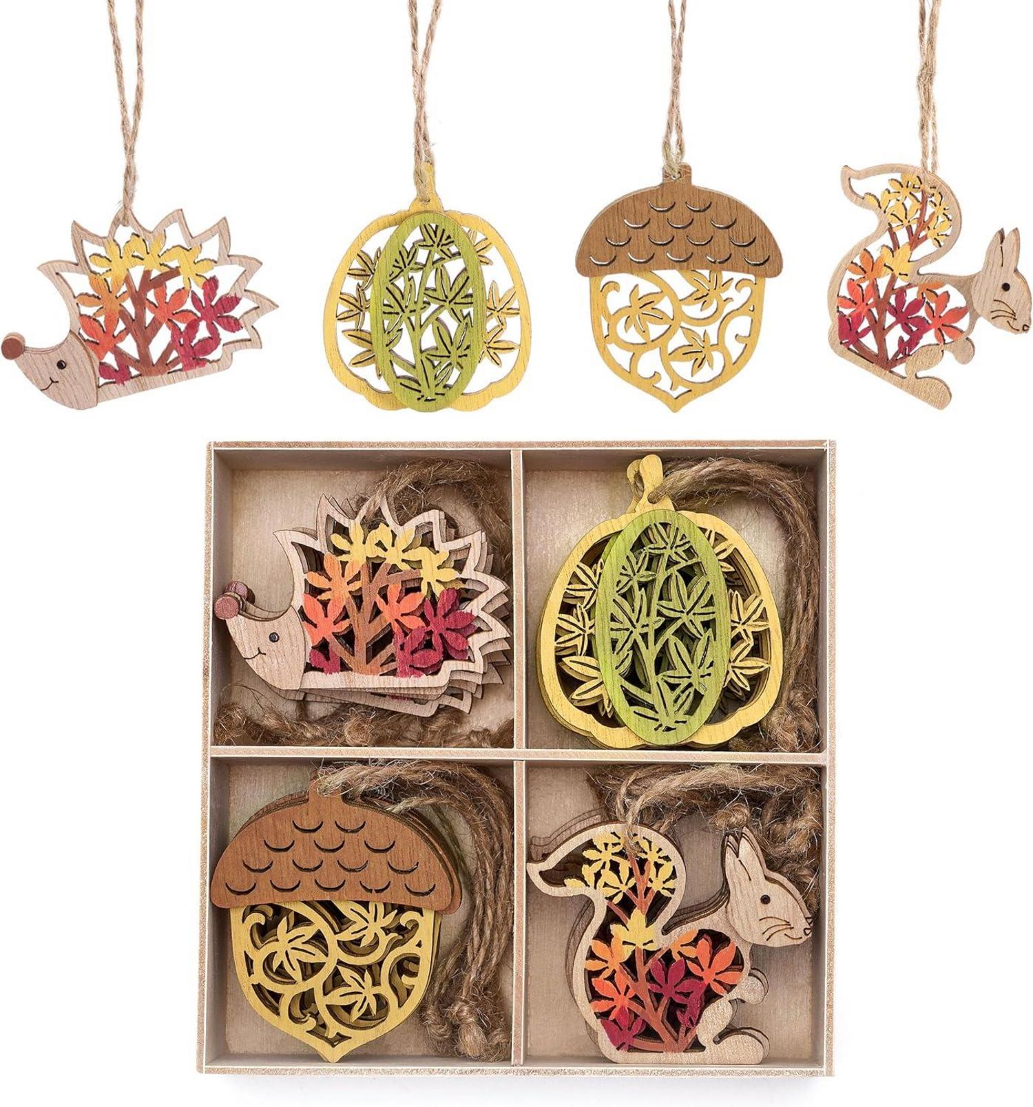 Herbstdeko Holz Anhänger Kürbis Igel Aufhängen 24er Set