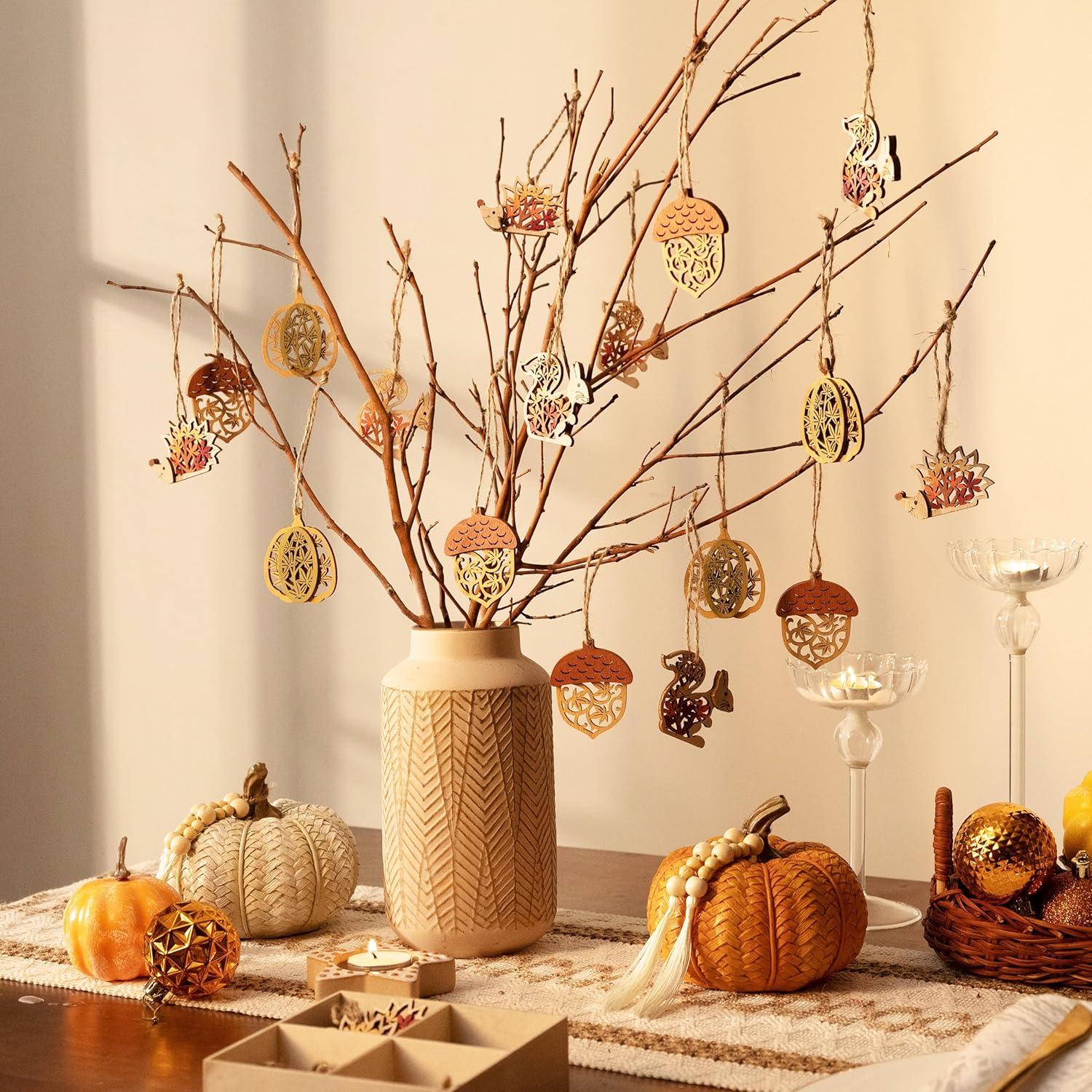 Herbstdeko Holz Anhänger Kürbis Igel Aufhängen 24er Set