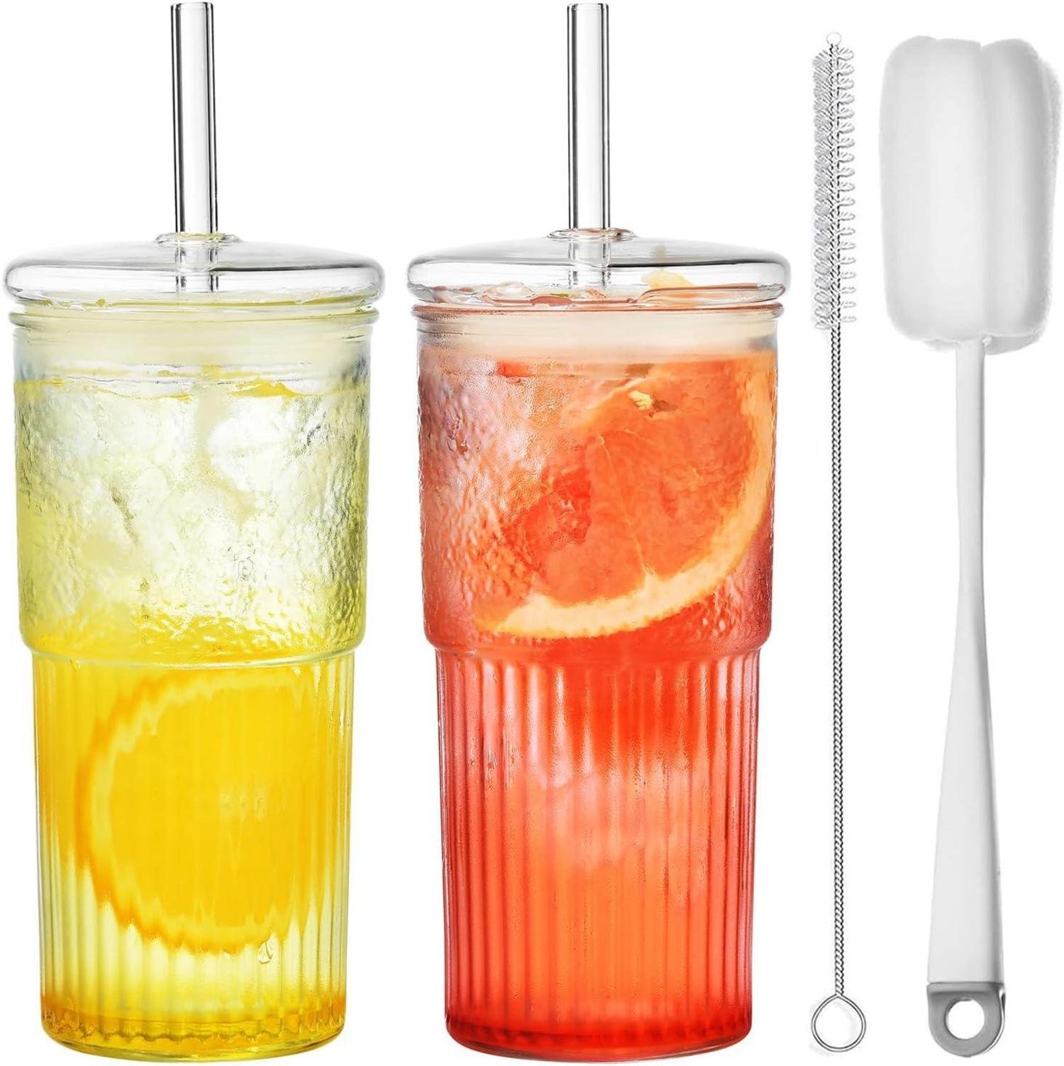 Bubble Tea Glasbecher 570ML mit Glasdeckel und Strohhalm - 2er Pack