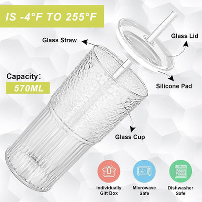 Bubble Tea Glasbecher 570ML mit Glasdeckel und Strohhalm - 2er Pack