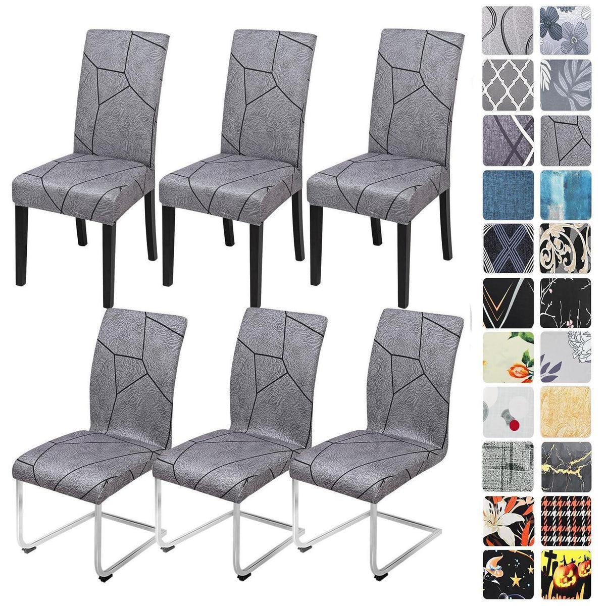 Stretch Stuhlhussen Set Grau Marmor – 6 Stück