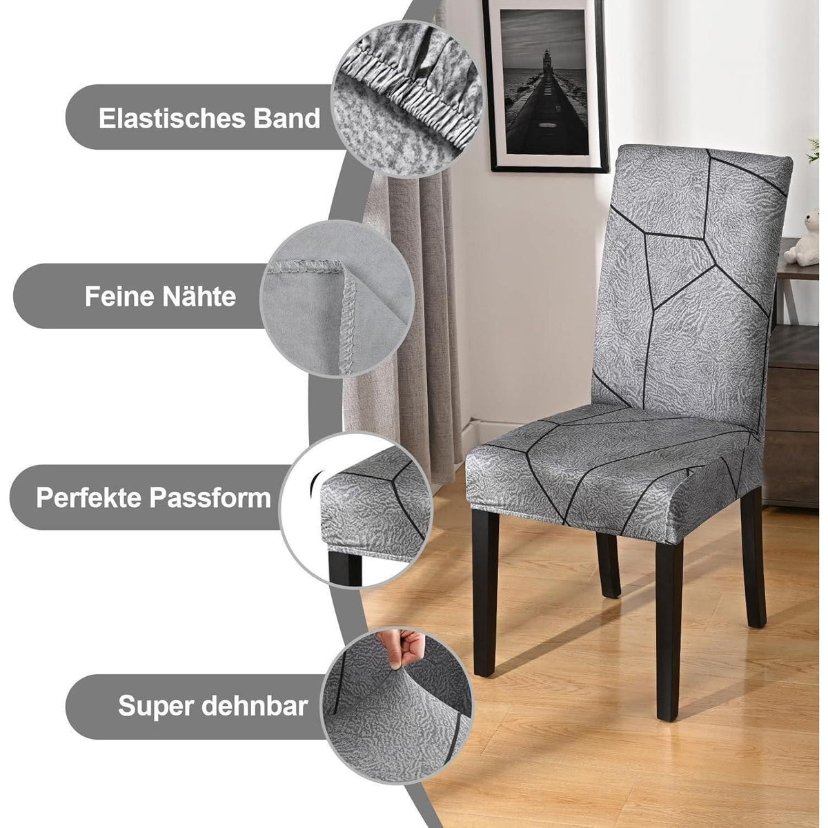 Stretch Stuhlhussen Set Grau Marmor – 6 Stück