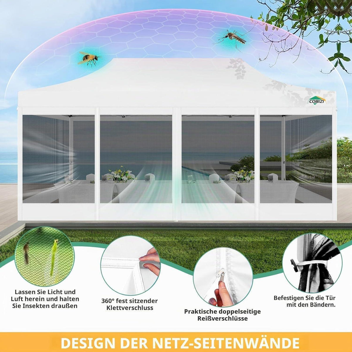 3x6m Faltpavillon wasserdicht – Pop-up Partyzelt mit Mesh-Wänden