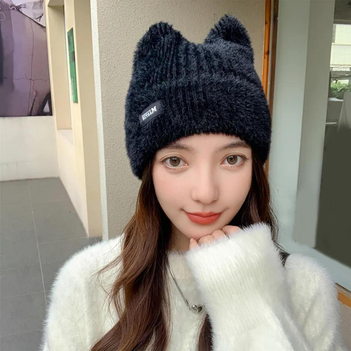 Strickmütze mit Katzenohren für Damen, warme Wintermütze