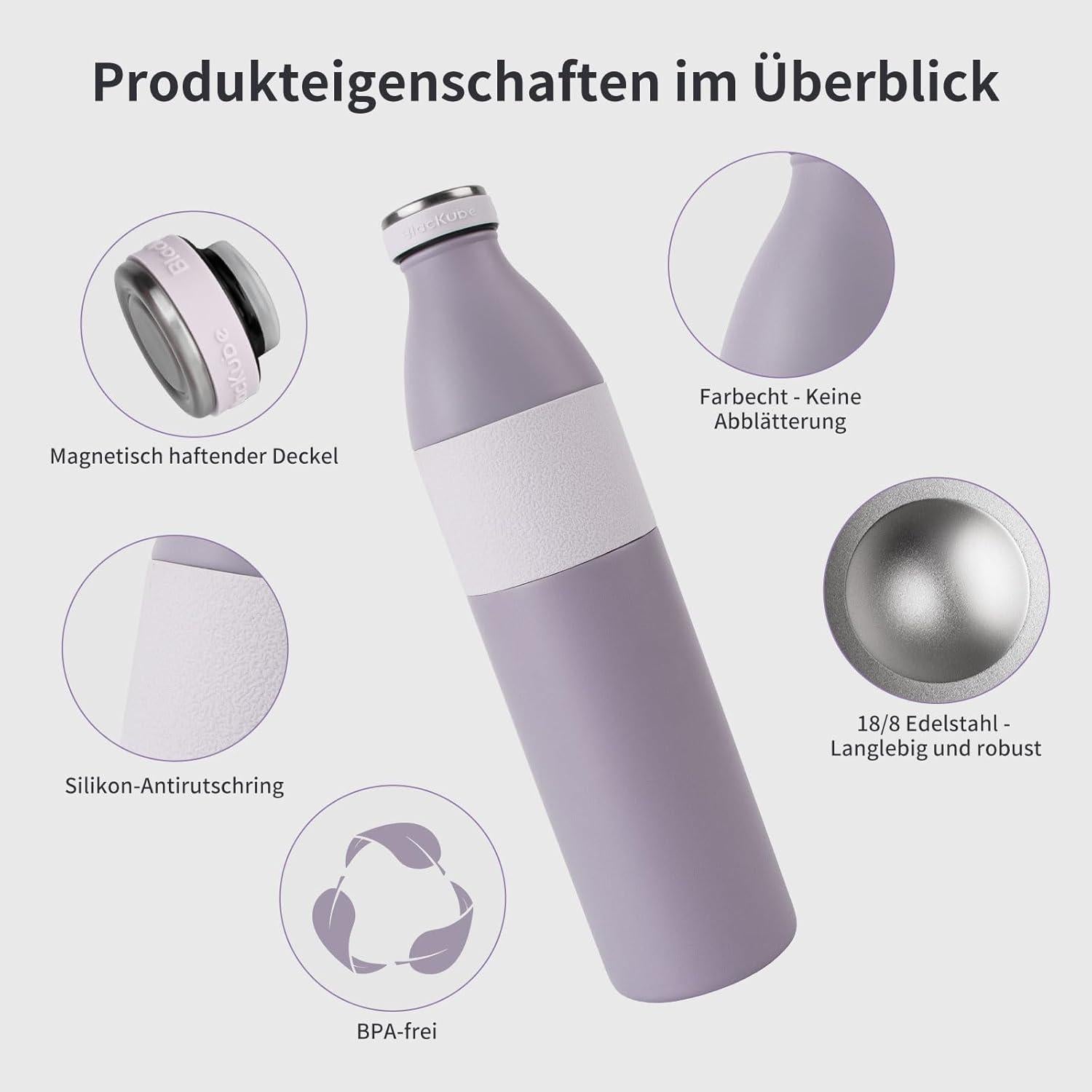 Blackube Thermosflasche Edelstahl 500ml BPA-frei Trinkflasche Sport Camping