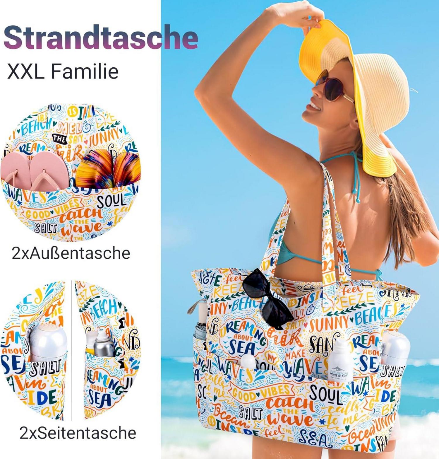 Strandtasche XXL Familie mit Reißverschluss Damen Badetasche Beach Bag
