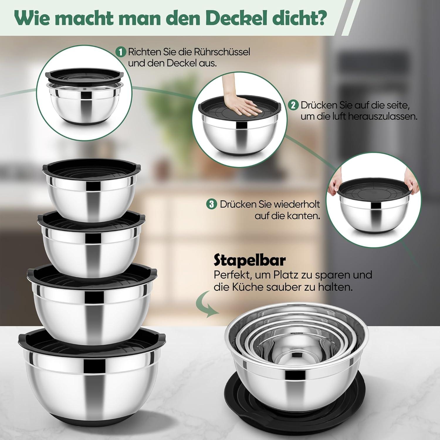 Edelstahl Rührschüssel Set mit Luftdichtem Deckel und Silikonboden
