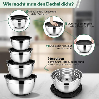 Edelstahl Rührschüssel Set mit Luftdichtem Deckel und Silikonboden