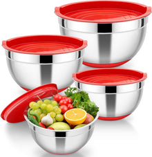 HaWare 4er Set Edelstahl Rührschüsseln mit Deckel & Silikonboden - Rot