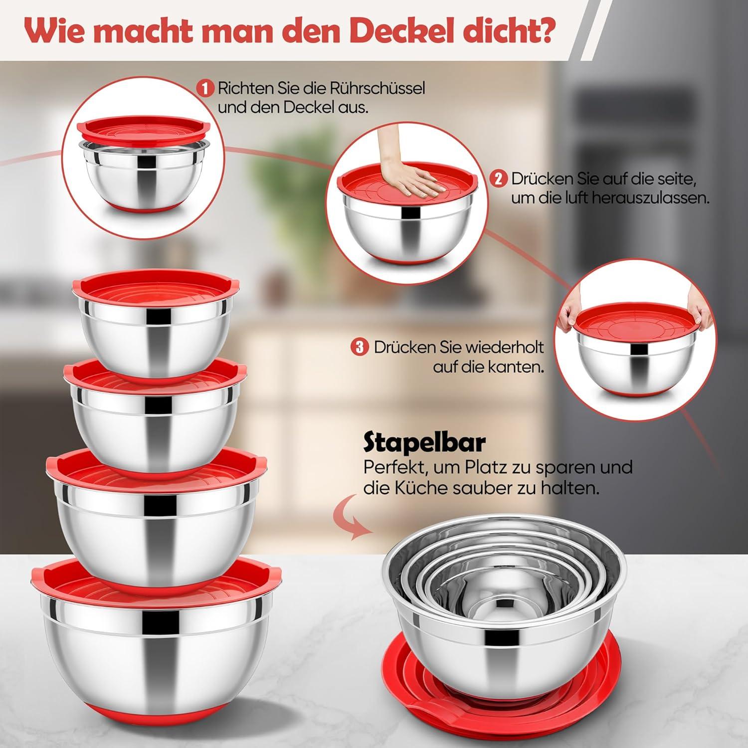 HaWare 4er Set Edelstahl Rührschüsseln mit Deckel & Silikonboden - Rot