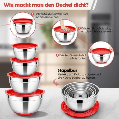 HaWare 4er Set Edelstahl Rührschüsseln mit Deckel & Silikonboden - Rot